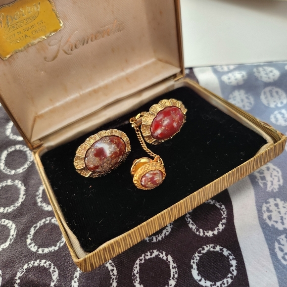 Krementz  Jasper red stones cufflinks set vintage #08 - Picture 4 of 4